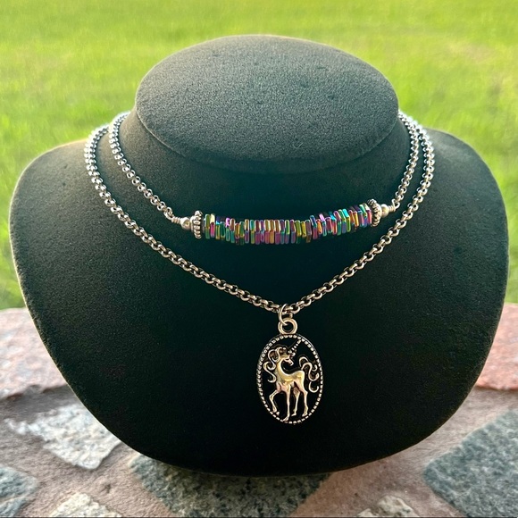 Double layer unicorn rainbow stones stainless steel adjustable choker necklace - Picture 3 of 14